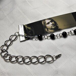 No619 Statement handmade two rows choker necklace with patterned ribbon